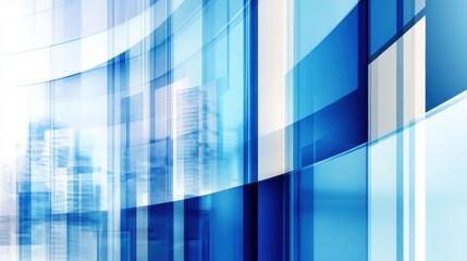 Abstract blue glass architecture with city skyline reflections, creating a modern urban atmosphere