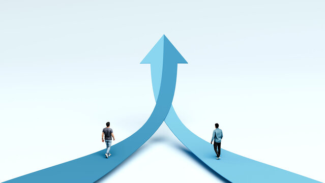 Two men walking on opposite arrow paths merging into one large upward arrow, representing visionary leadership, ambition, motivation, unity, business growth, success - 3d render