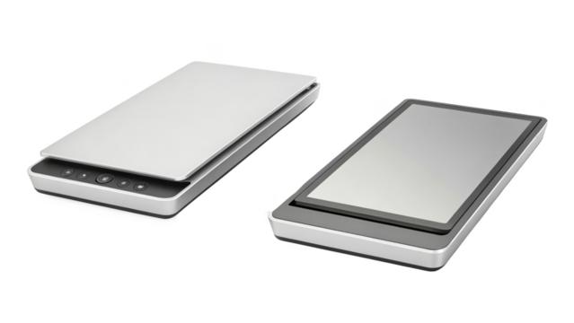 Two flatbed scanner isolated on transparent background, one open and one closed