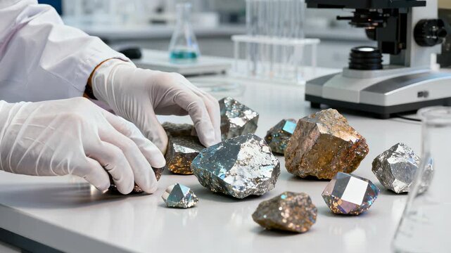 Geologist wearing protective gloves studying precious rare earth mineral and metal ore samples on a laboratory table, conducting scientific research on raw materials for advanced technology - Powered by Adobe