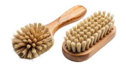 Two wooden brushes for cleaning isolated on transparent background, closeup view