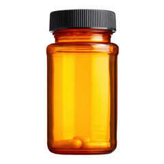 Amber Plastic Prescription Pill Bottle with Black Cap and Two Pills Inside on Black Background medicine