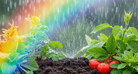 Garden irrigation with sprinkler watering fresh vegetables, tomatoes, strawberries in soil. Rainbow light effect over green plants with water droplets. Organic gardening, sustainable cultivation,