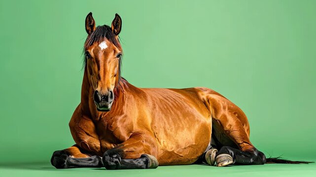 Elegant Brown Horse Resting Peacefully on a Green Screen Background.