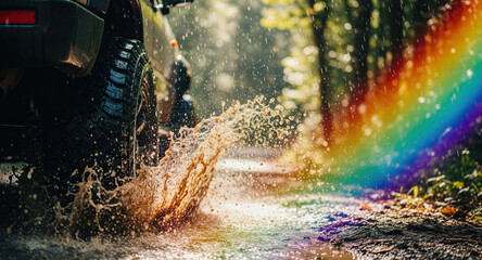 Off road vehicle tire splashes through muddy puddle with spectacular rainbow prism light effects. Dynamic water spray and vibrant spectrum colors capture adventurous driving action in wet outdoor