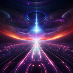 Colorful abstract light tunnel with radiant glow leading to a bright light burst