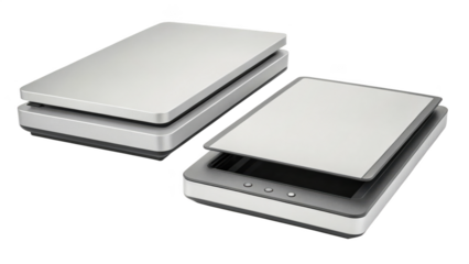 Two flatbed scanners isolated on transparent background, one open and one closed