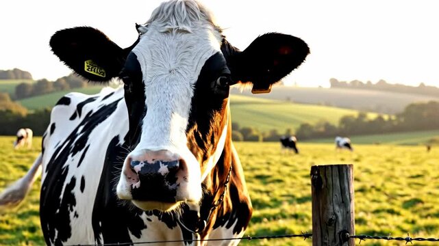 Close-up of a Holstein Friesian cow with black and white markings standing in a green field.