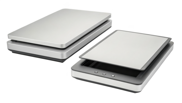 Two flatbed scanners isolated on transparent background, one open and one closed