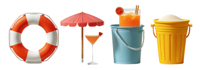 Vibrant Summer Essentials Including Lifebuoy, Umbrella, Drink, and Bucket