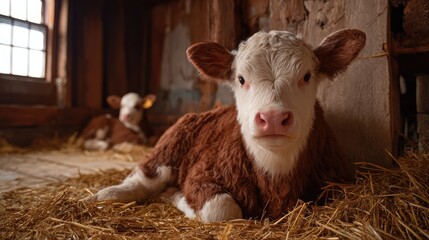 Fototapeta premium Adorable Young Calf Resting in Rustic Barn with Soft Straw Background, Capturing the Serene Atmosphere of Farm Life and Animal Care in Natural Light