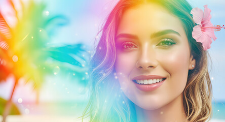 Happy tropical portrait with rainbow gradient overlay, pink hibiscus flower, and bright smile. Joyful summer vacation vibes with colorful bokeh effects. Perfect for wellness, positive lifestyle, beach
