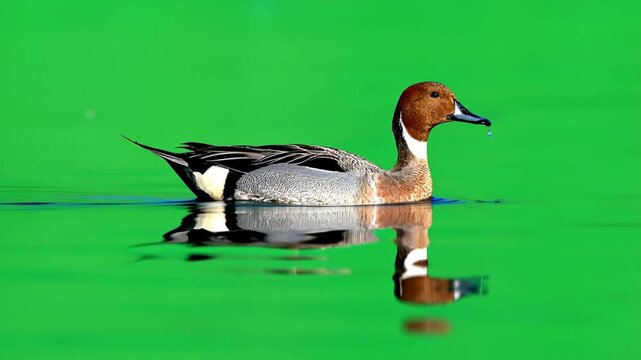 A Northern Pintail Duck Swims Gracefully in Bright Green Water.