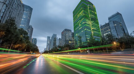 Obraz premium Urban Nightscape with Colorful Light Trails on a Busy Street, Showcasing Modern Skyscrapers and a Dynamic City Atmosphere under a Dramatic Sky