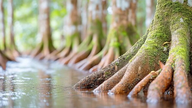 Coastal Cypress Sanctuary: A serene depiction of the coastal landscape where a forest of bald cypress trees rises from the water, displaying their intricate root systems in a tranquil scene.