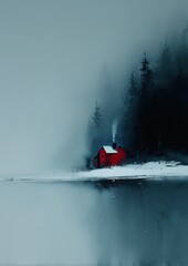 Farmhouse in the woods during winter, surrounded by snow-covered trees