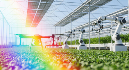 Smart greenhouse automation with robotic arms and surveillance drone for precision agriculture. Rainbow spectrum light overlay on indoor crop cultivation with advanced farming technology