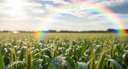Agricultural field with fresh dewdrops on green crop leaves and wheat. Rainbow spectrum light effect over rural farmland landscape with sparkling water droplets, morning moisture, bokeh background,