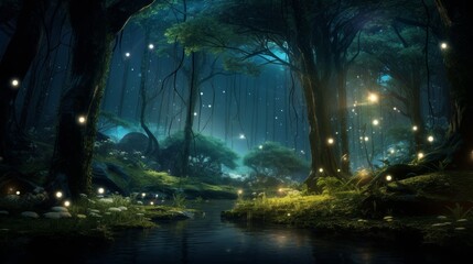 Magical forest with glowing fireflies and a tranquil river. woods with mystical light