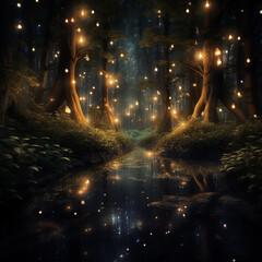 Magical forest with glowing fireflies and a tranquil river. woods with mystical light