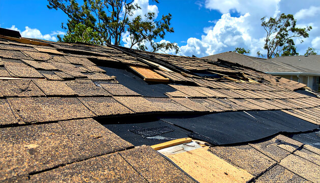 台風の後の屋根被害で剥がれた瓦が荒々しい風の爪痕を映し出す情景