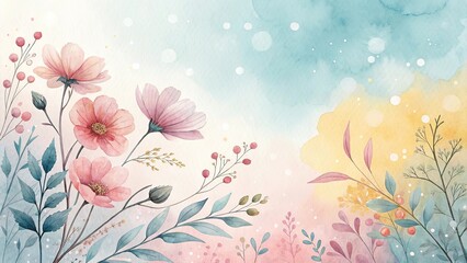 Watercolor flowers with soft pastel hues, featuring pink blooms and gentle foliage, concept for nature or artistic decoration.
