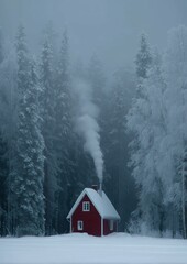 Farmhouse in the woods during winter, surrounded by snow-covered trees