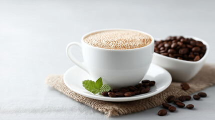 Fototapeta premium Aromatic Coffee Cup with Beans and Mint on Burlap A Comforting Moment