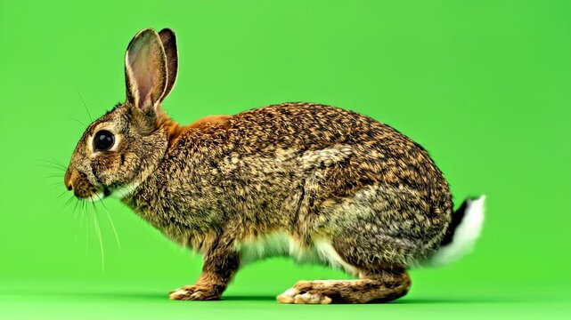 Wild Cottontail Rabbit Hopping and Running on a Green Screen Background.