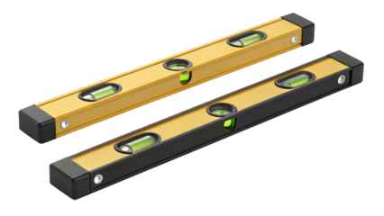 Two spirit levels isolated on transparent background, one yellow and one black