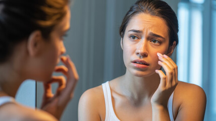 Worried young woman examining her face in the mirror concerned about wrinkles and dark circles reflecting on aging and skincare