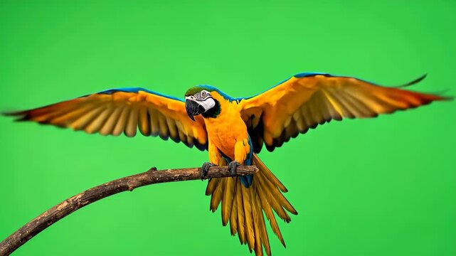 Blue and Yellow Macaw Parrot Flapping Its Wings on a Green Screen Background.