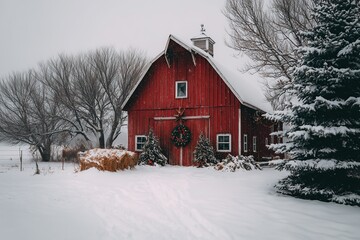 Farmhouse in the woods during winter, surrounded by snow-covered trees