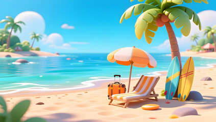 Naklejka premium Summer beach self-driving travel vacation leisure holiday 3d illustration