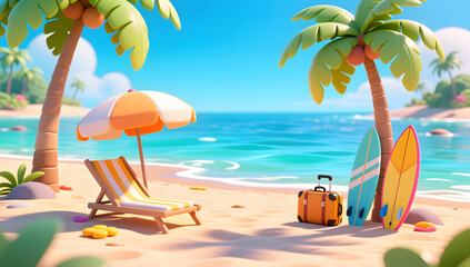 Fototapeta premium Summer beach self-driving travel vacation leisure holiday 3d illustration