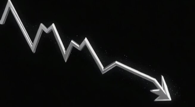 Animated graphic depicting financial market decline and negative economic trend with metallic downward arrow