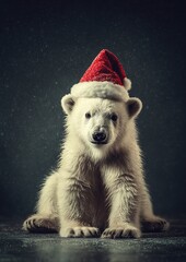 Funny polar bear wearing a Santa hat. Perfect for Christmas, winter, holiday, and festive illustration or decoration themes.