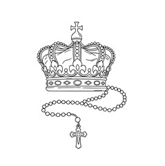 Crown with Rosary Beads and Cross Pendant in Simple Line Art  