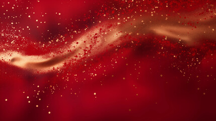 Red abstract background with golden glitter elements. Luxury dark red art surface