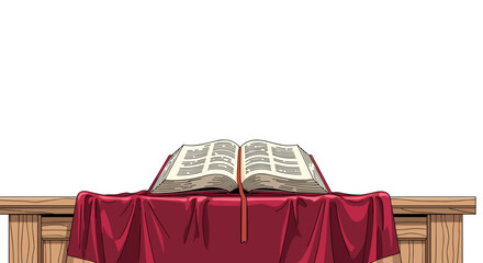 Open Bible on altar with red cloth and wooden background  