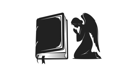 Angel praying beside a closed prayer book in silhouette design  