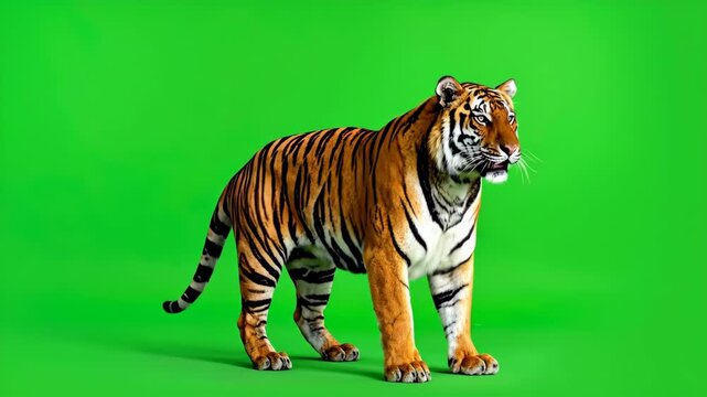 Majestic Bengal Tiger Posing and Attacking on Green Screen Background.