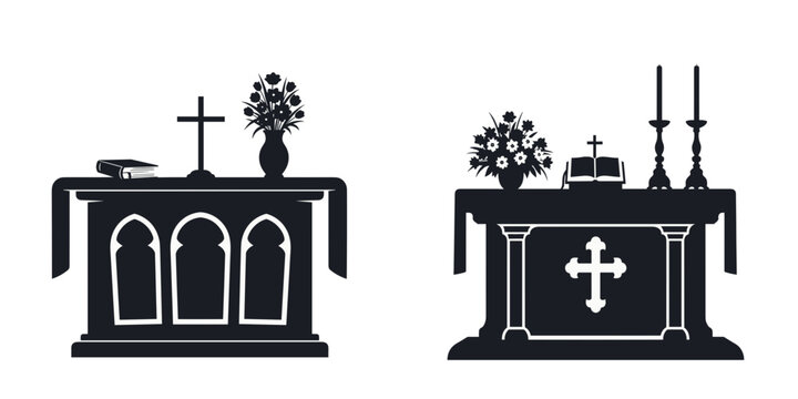 Traditional church altars with crosses, flowers, and Bibles  