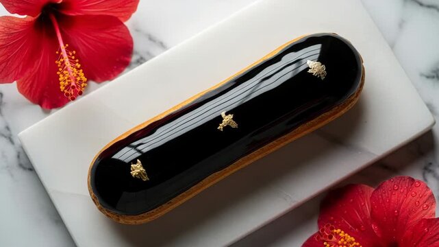 Luxury black mirror glaze &eacute;clair decorated with gold leaf and red hibiscus flower on marble background, modern patisserie elegance and refined dessert art