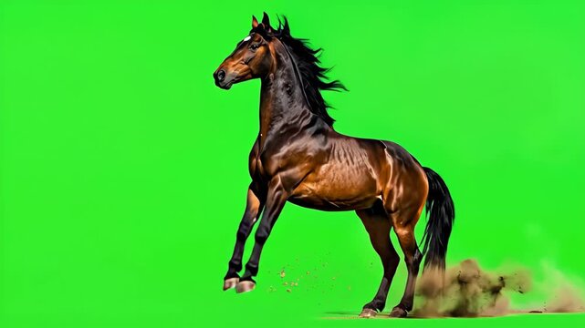 Majestic Brown Stallion Rearing and Walking on Green Screen.