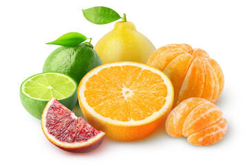Pile of citrus fruits. Lime, lemon, orange, tangerine, blood orange isolated on white background