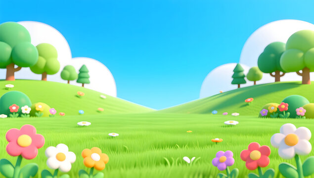 3D cartoon Spring meadow lovely pink flowers 3D natural background