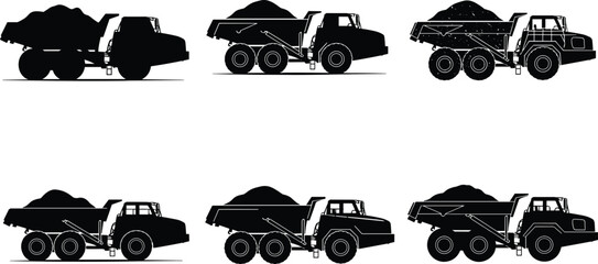 Dump truck silhouette vector set, construction vehicle icons, heavy machinery illustration, transportation clipart, industrial truck graphic, side view design © Creatives World