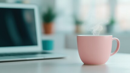 Fototapeta premium Steaming pink cup of hot coffee sitting on a clean desk beside a laptop, creating a peaceful work or study atmosphere
