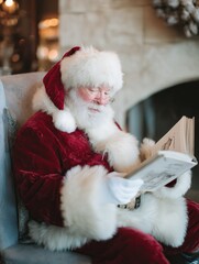 Santa Claus reading a book in a cozy Christmas setting. Perfect for holiday illustrations, winter themes, and festive digital designs.